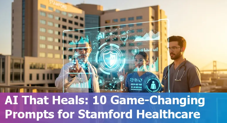 Healthcare worker using AI tools on a tablet with Stamford skyline in the background