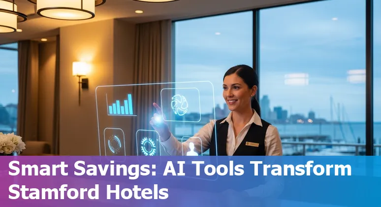 Hotel staff using AI tools on a tablet in Stamford, Connecticut hotel lobby to improve efficiency and cut costs.