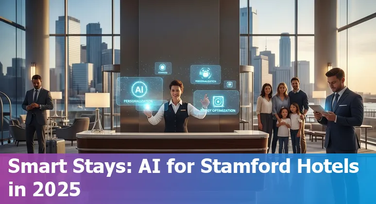 Hotel receptionist using AI tools in Stamford, Connecticut, US hotel lobby in 2025