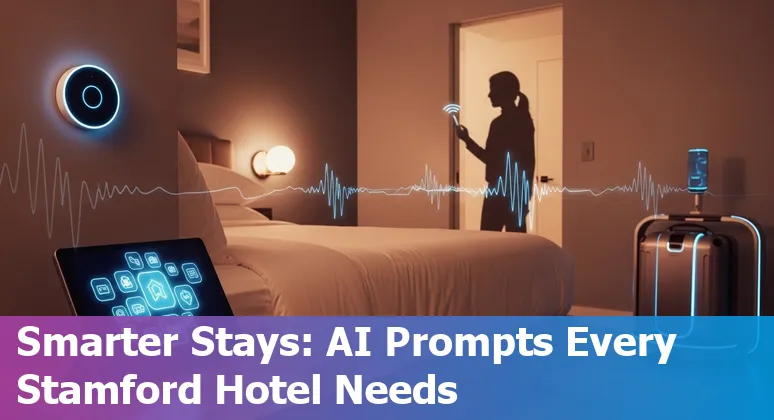 Hotel front desk with mobile check-in, AI icons, Stamford skyline in background