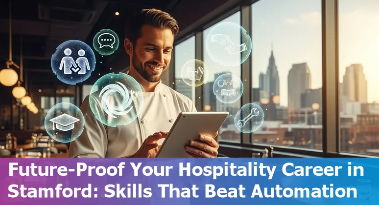 Hotel front desk with self-service kiosk, cleaning robot and hotel staff using a tablet in Stamford, Connecticut