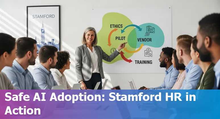 HR professional using AI tools on a laptop in Stamford, Connecticut skyline background in 2025