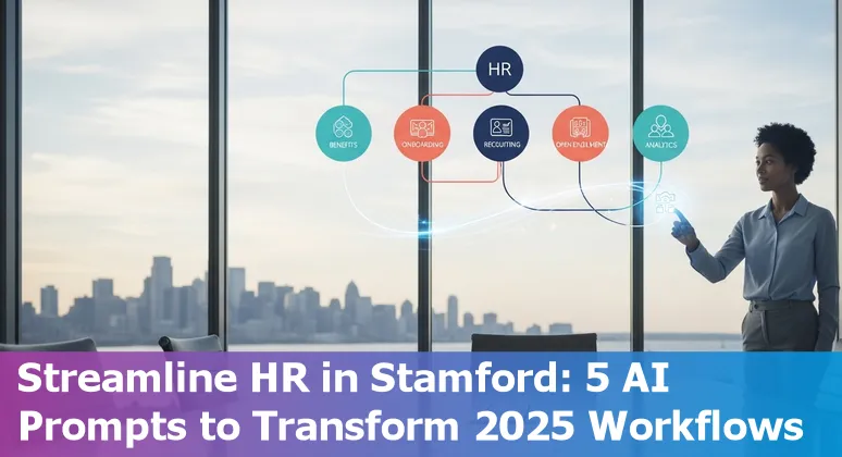 HR professional using AI prompts on a laptop to draft benefits, onboarding, recruiting, and analytics content for Stamford, Connecticut