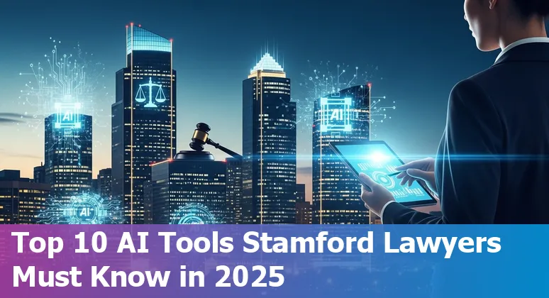 Lawyers in Stamford using AI tools on laptops with icons of Casetext, ChatGPT, Spellbook, Clio, and Relativity visible.