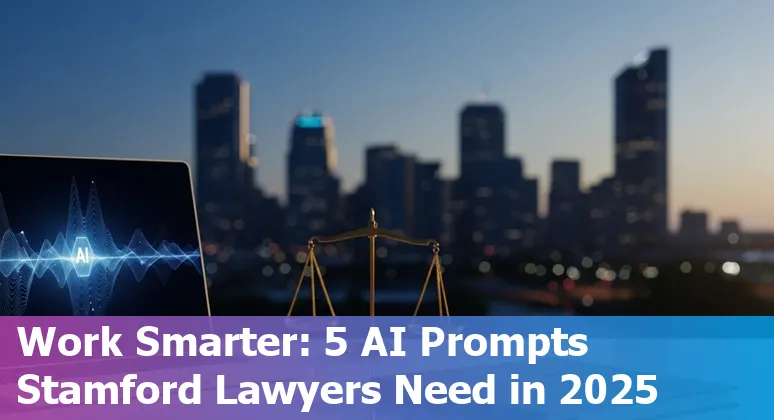 Attorney using AI tools on laptop in a Stamford law office, with contract and court documents visible.