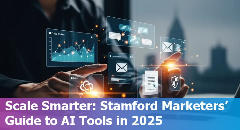Collage of AI marketing tool logos like Jasper, MarketMuse, ManyChat, Seventh Sense, SurferSEO, SEMrush, Grammarly, HubSpot, Phrasee, and Acrolinx with Stamford skyline.