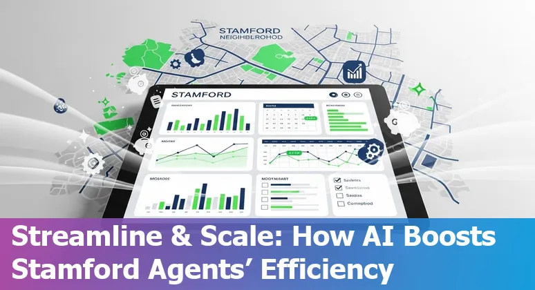 Stamford, Connecticut skyline with AI icons representing real estate efficiency and cost savings in Stamford, CT.