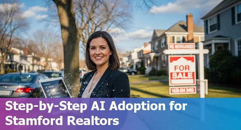 AI tools and Stamford, Connecticut skyline showing virtual tours and data overlays for 2025 real estate