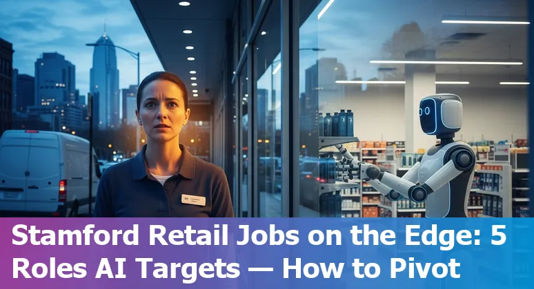 Retail worker holding tablet in a Stamford store with self-checkout kiosks and shelves in the background.