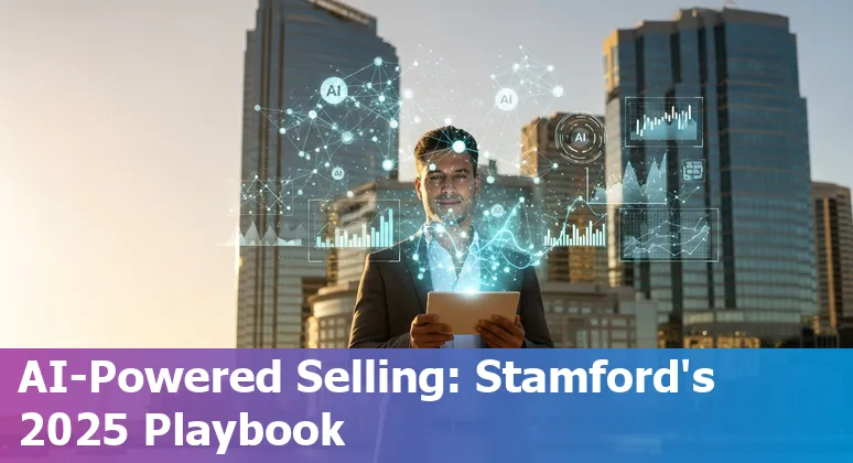Sales professional using AI tools with Stamford, Connecticut skyline in background in 2025