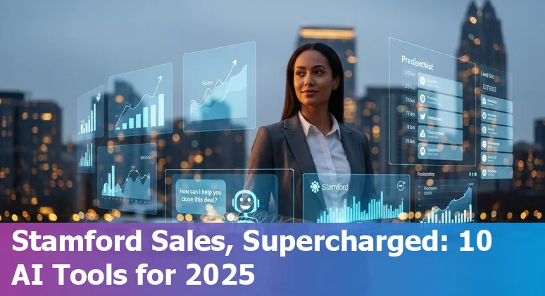Sales professional in Stamford using AI tools on a laptop showing CRM and call analytics dashboards.