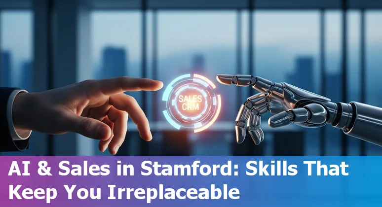 Stamford, Connecticut sales team using AI tools with UConn Digital Frontiers Initiative city skyline in the background