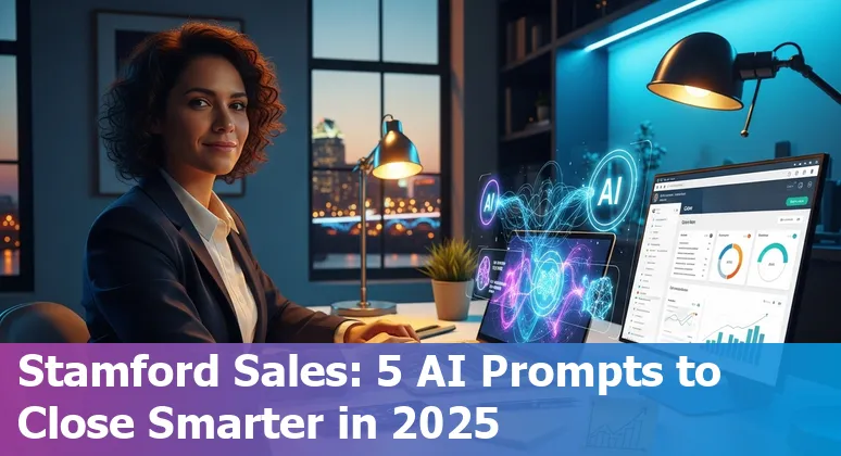 Sales professional using AI prompts on a laptop with Stamford skyline in the background.