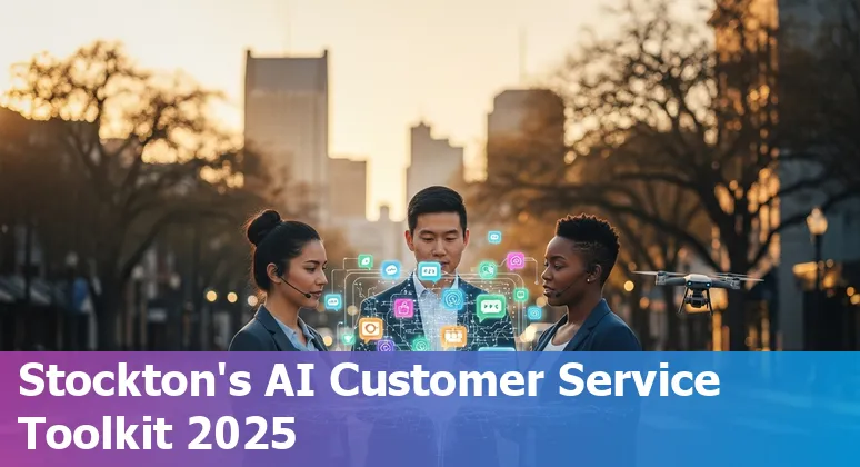Customer service agent using AI chatbot dashboard with Stockton map overlay and tool icons.