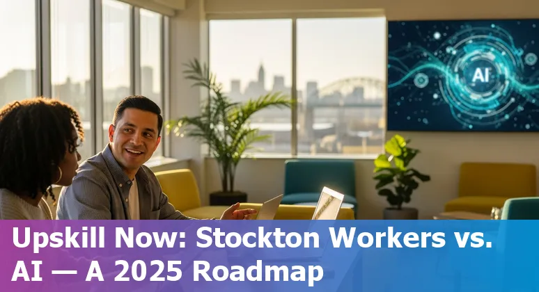 Customer service agent using AI tools in Stockton, California office, 2025