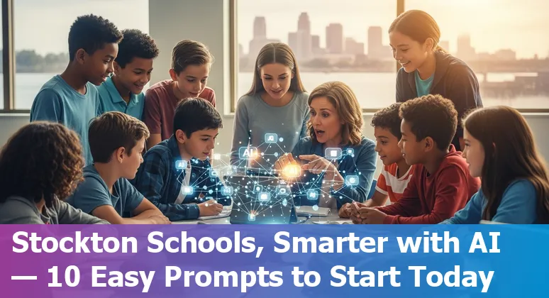 Stockton teachers using AI tools on laptops in a classroom; icons for tutoring, lesson plans, assessment, and accessibility