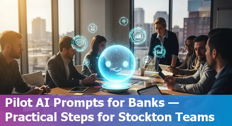 Stockton bank representative using AI chatbot on laptop with financial charts and Stockton skyline in background