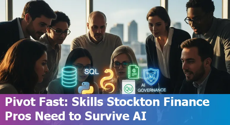 Stockton finance worker using a laptop with AI and accounting icons representing upskilling and job transition