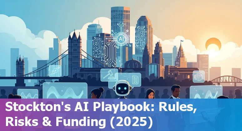 City hall with AI overlay showing Stockton, California government services and America’s AI Action Plan in 2025