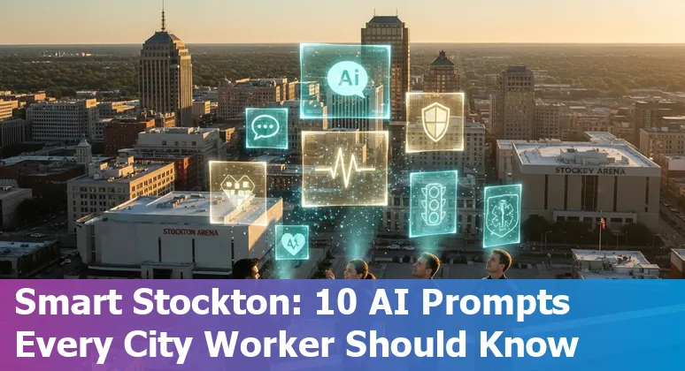 Stockton city hall with overlay icons for AI use cases: chatbot, traffic signal, fire truck, documents, and data graphs.