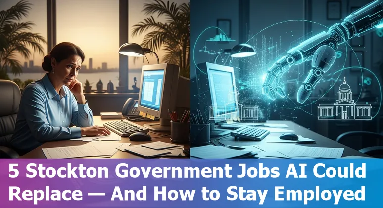 Stockton city hall worker using AI assistant while training colleagues on community outreach and permit review.