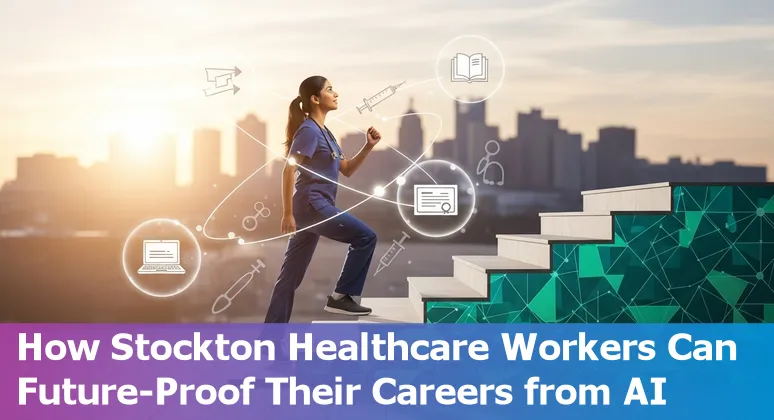 Stockton healthcare worker using AI-assisted EHR on a tablet in a clinic waiting room