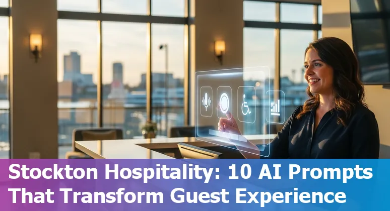 Hotel front desk using AI voice-reservation system with Stockton skyline overlay