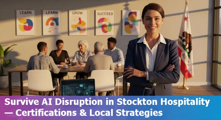 Stockton hotel front desk with a kiosk and a human concierge collaborating while a robot vacuum cleans a lobby.