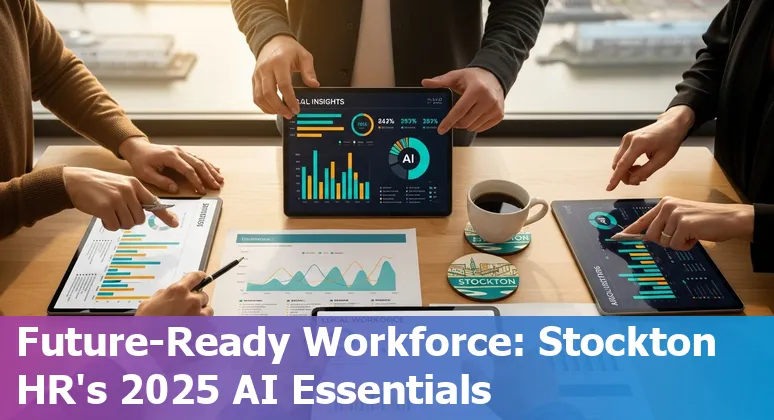 Stockton HR professional using AI tools on a laptop with icons for Paradox, HireVue, Eightfold, Personio and Deel on the screen.