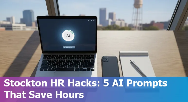 HR professional using AI prompts on a laptop at a Stockton office, with local map and checklist visible.