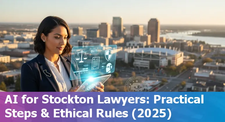 Stockton, California legal professional using AI tools on a laptop with courthouse in background