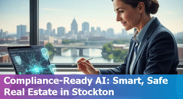 Real estate agent using AI tools on a laptop with a map of Stockton, California in the background, 2025.