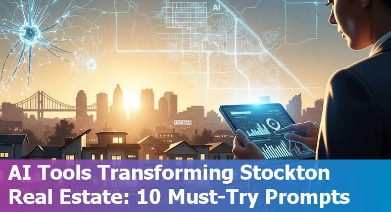 Stockton skyline with real estate icons and AI symbols illustrating top AI use cases in local real estate