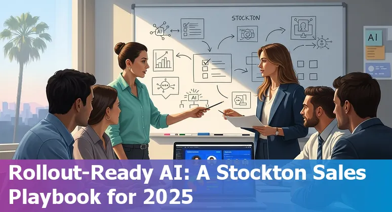 Collage of logos: Seamless.ai, 6sense, Artisan, Outreach, Lavender, Gong, Clari, GetGenerative.ai, Salesken, HubSpot Sales Hub with Stockton skyline.
