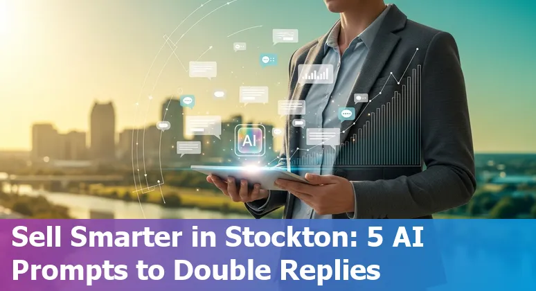 Sales professional using AI prompts on laptop with Stockton skyline in background.