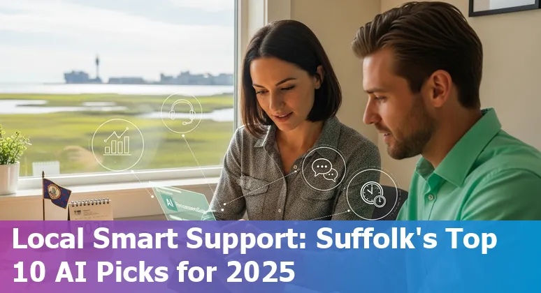 Customer service agent using AI tools on laptop with Suffolk, Virginia map overlay