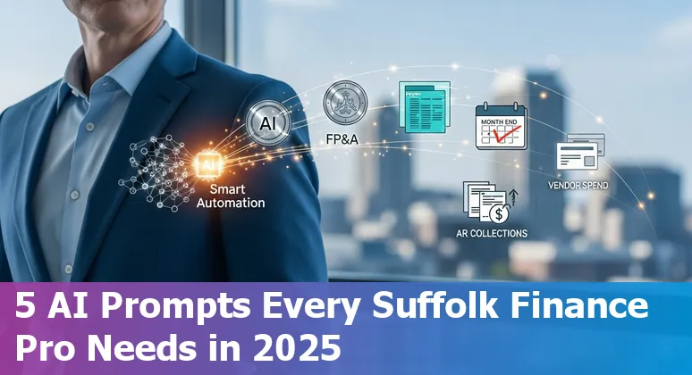 Finance professional in Suffolk, VA reviewing AI-generated liquidity summary on a laptop in an office.