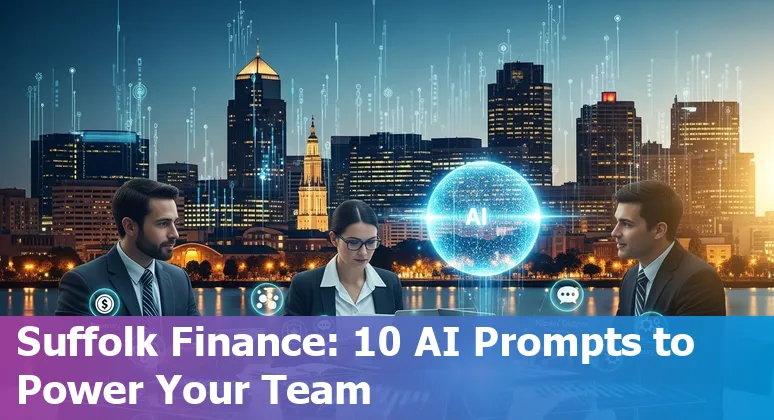 Illustration of AI tools applied to financial services in Suffolk, Virginia—treasury, fraud detection, chatbots, RPA icons.