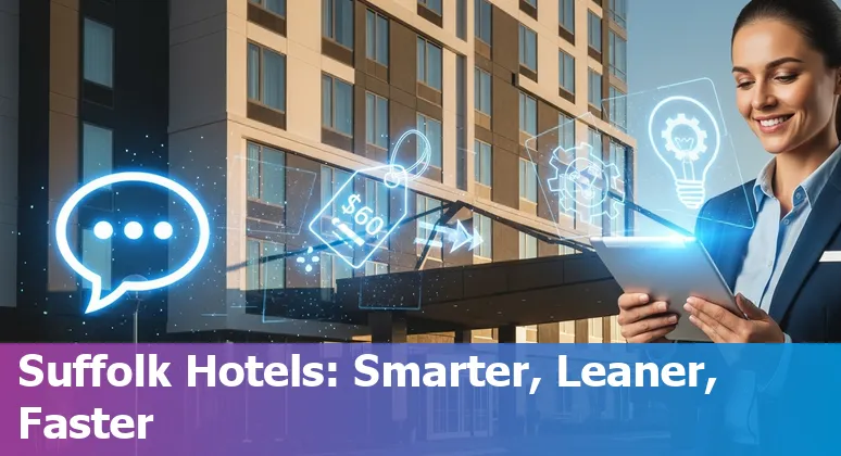Hospitality staff using AI tools at a Suffolk, Virginia hotel front desk with smart-room controls visible