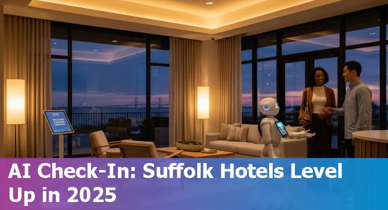 Hotel staff using AI tools on tablets in a Suffolk, Virginia hotel lobby in 2025