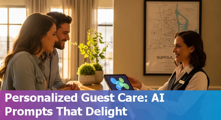 Hotel lobby with digital concierge tablet, reservation AI icons, and Suffolk map pin