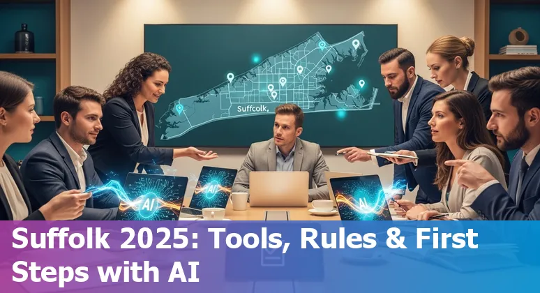 Legal professional using AI tools on a laptop in Suffolk, Virginia, with courthouse in background