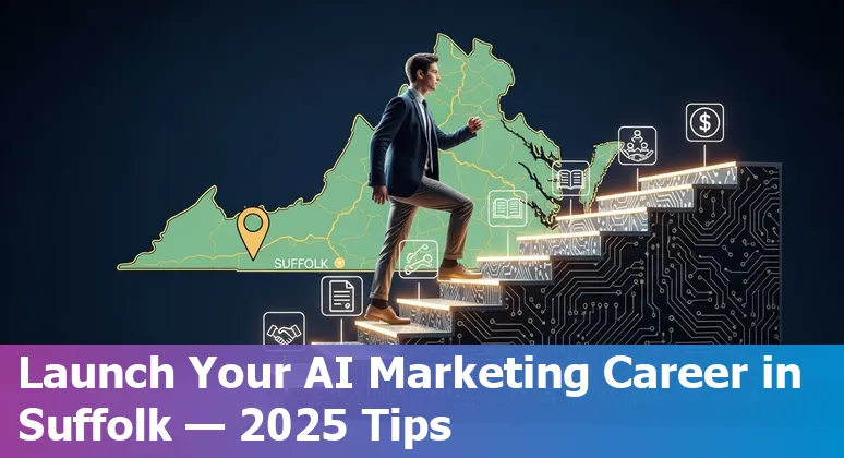 Marketing professional using AI tools in Suffolk, Virginia, US — laptop with AI dashboard and city skyline