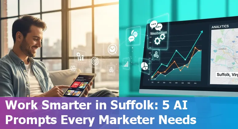 Marketing professional in Suffolk, VA using AI prompts on a laptop with local map and analytics on screen