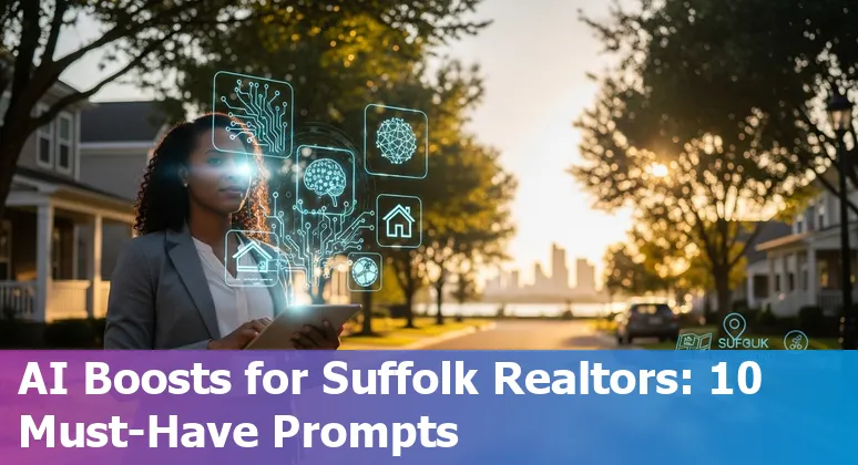 Agent using AI tools on laptop to analyze Suffolk, Virginia property data and virtual staging visuals.