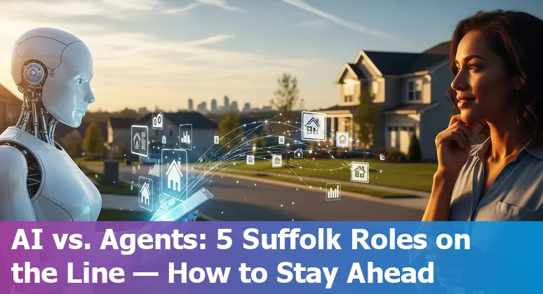 Real estate agent using AI tools on a laptop with Suffolk, VA neighborhood map in the background