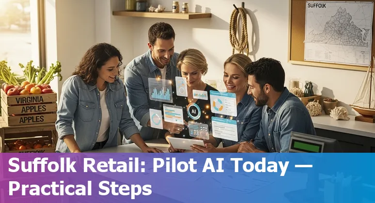Retail shop owner in Suffolk, Virginia using AI tools on a tablet to manage inventory and personalized marketing.