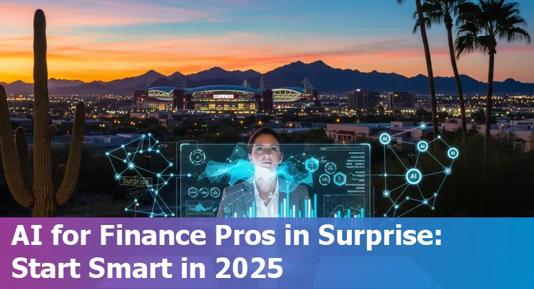 Finance professional using AI tools in Surprise, Arizona, US skyline with AI and finance icons