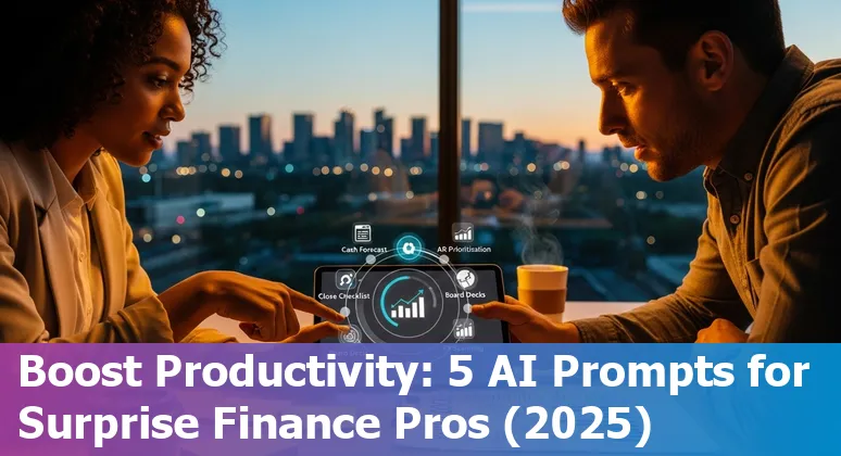 Finance professional using AI prompts on laptop with Surprise, Arizona city skyline in background