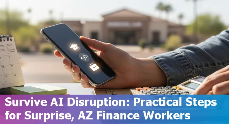 Surprise Arizona skyline with finance icons and AI symbols showing jobs at risk and adaptation steps